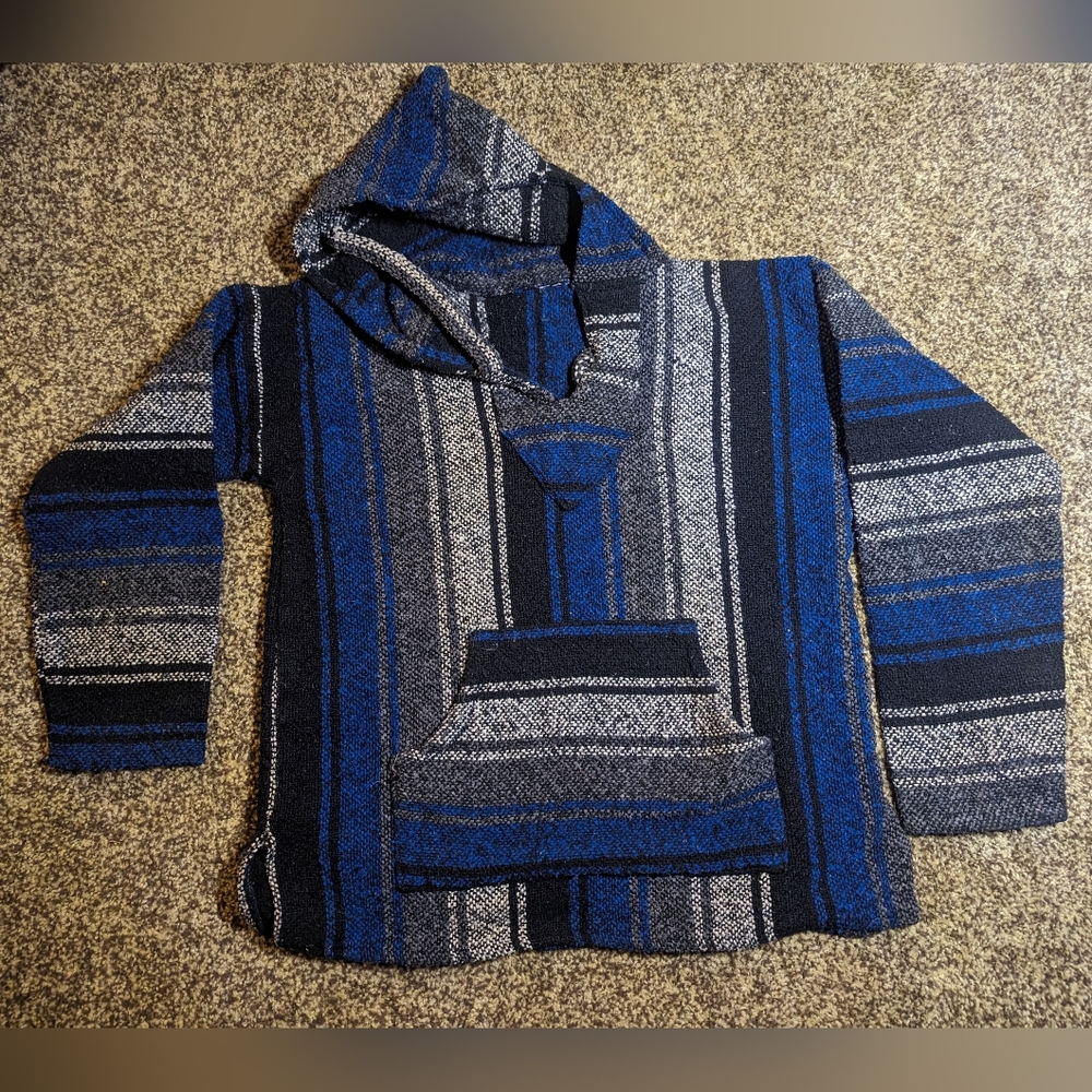 Baja Hoodie M Mexican Poncho Surfer Hippie Drug Rug Pullover Black Blue Grey